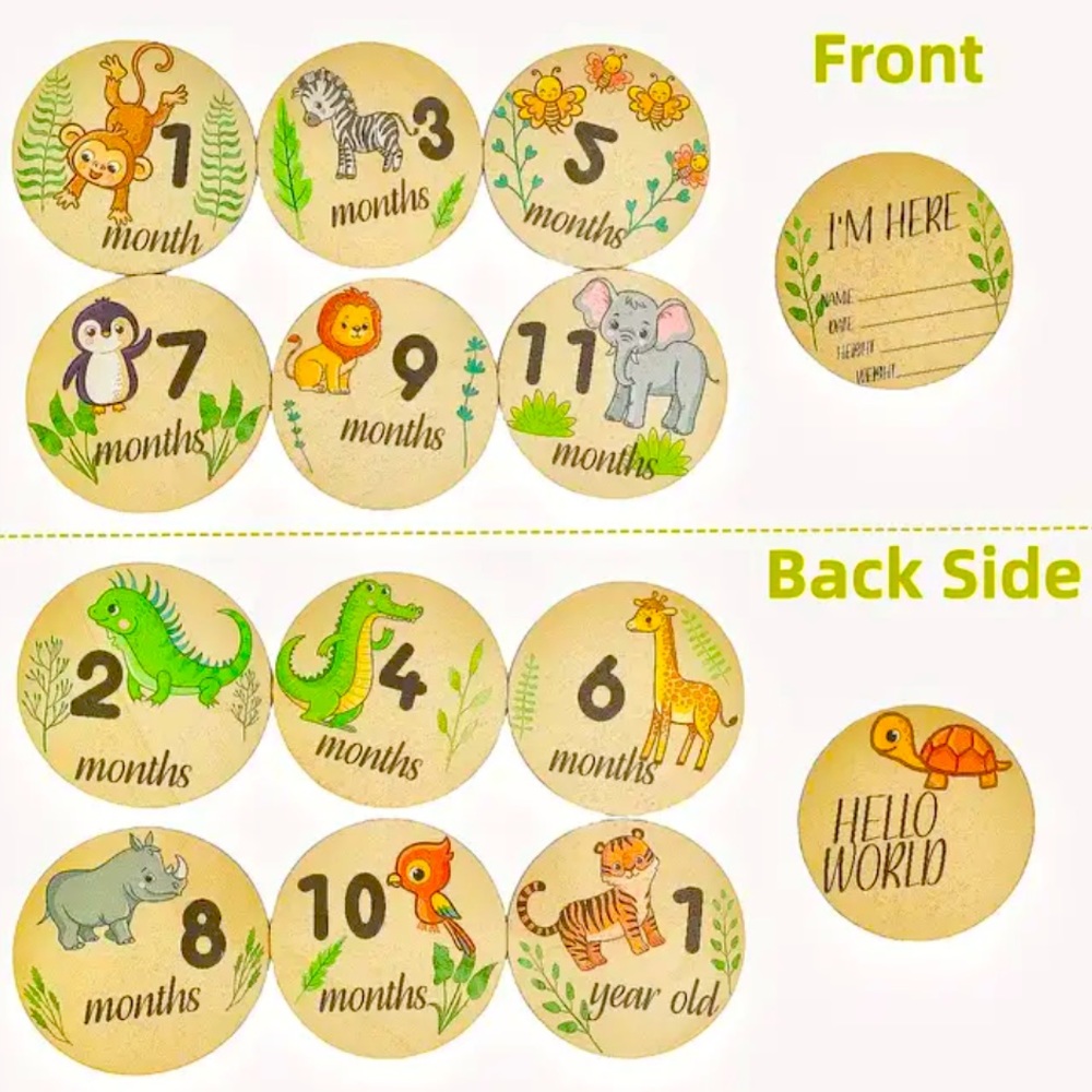 Baby“Milestones” 4” wood discs. Animal patterns. Front/back designs. 7 discs,NIP